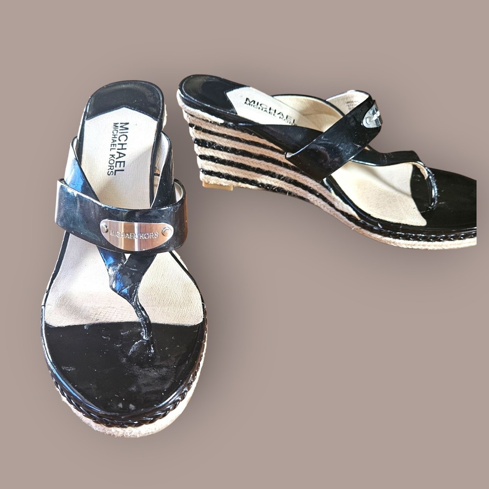 Michael Kors Black Wedge‎ Thong Espadrille Sandals Size 8M Shoes